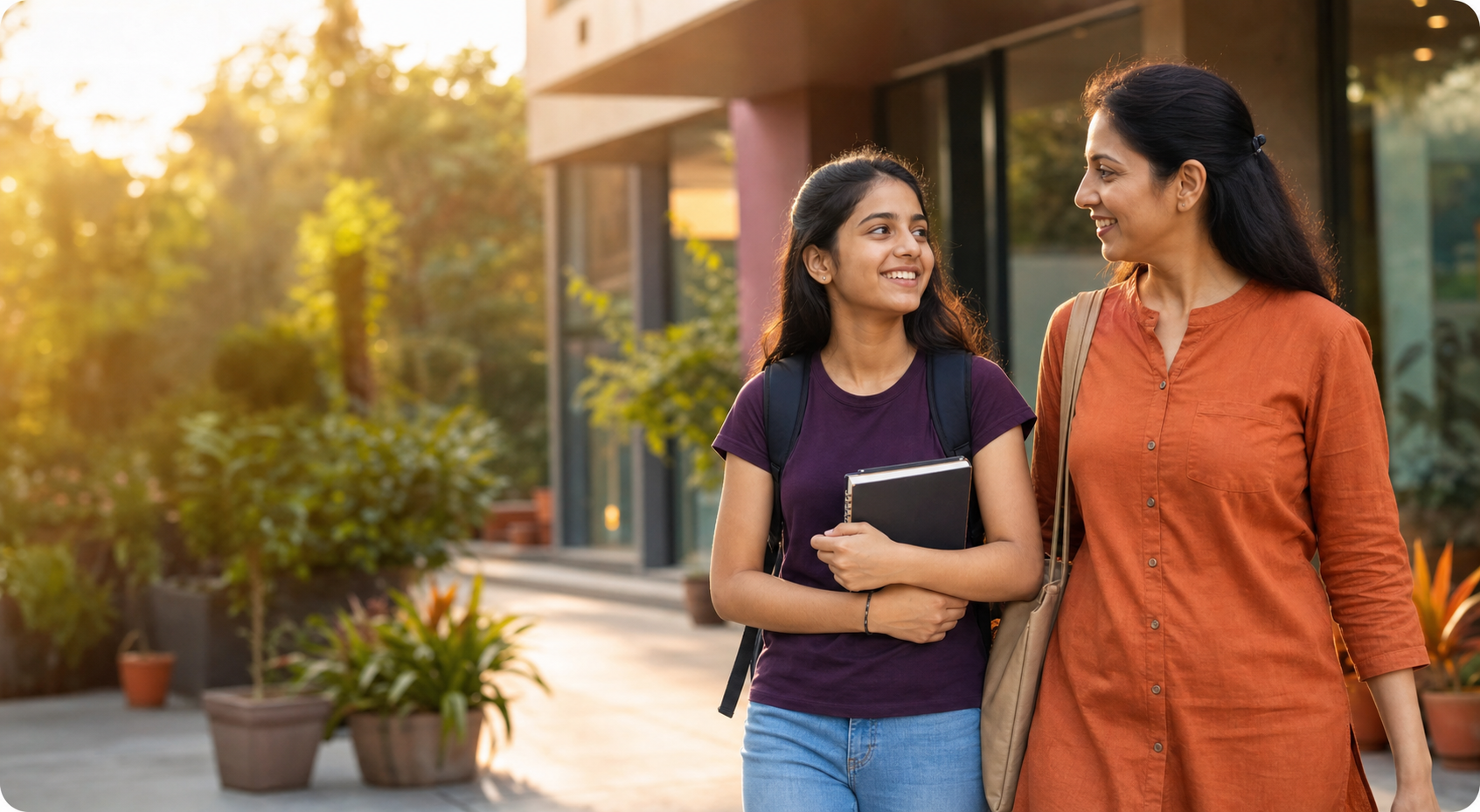 A parent and student walking together toward their next educational step