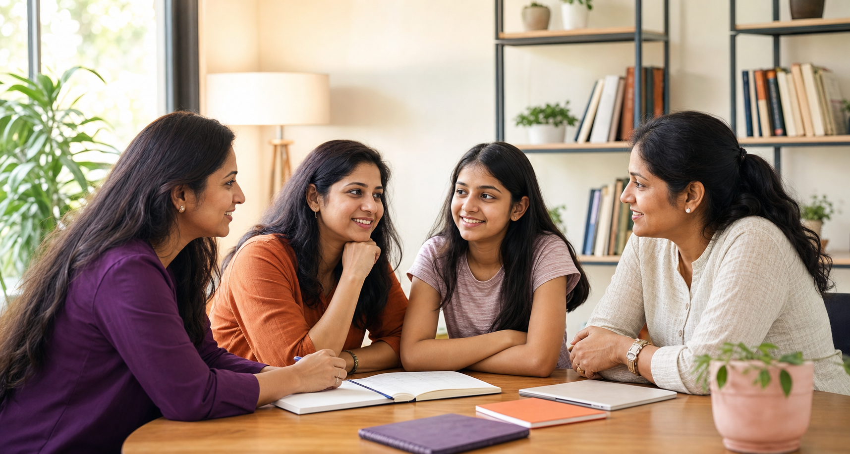 Experienced education counsellors sharing a warm guidance conversation with a student and parent